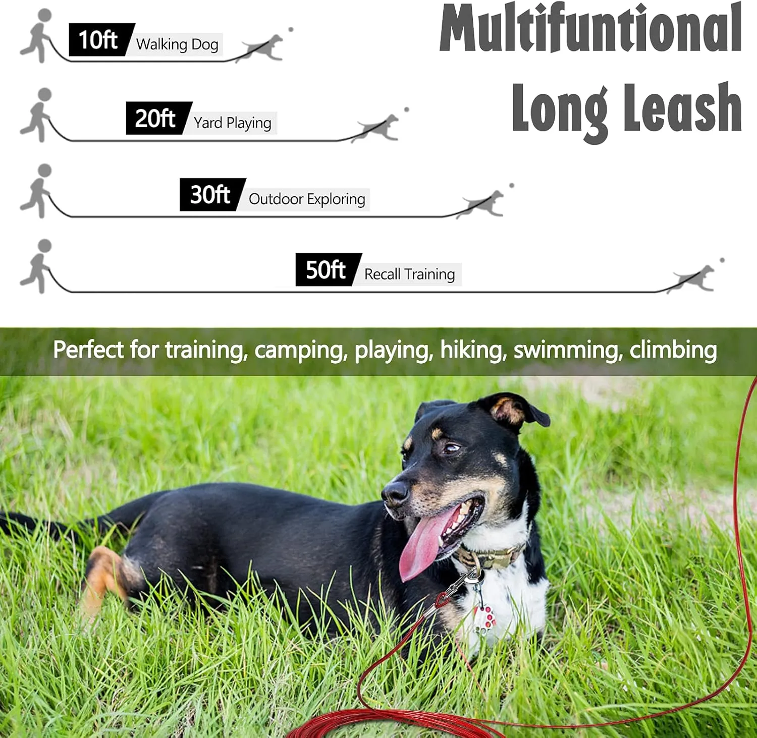 Heavy Duty Dog Leash - Chew Proof Tie Out Cable with Carabiner, 10/20/30/50 ft, Padded Handle for Medium Large Dogs