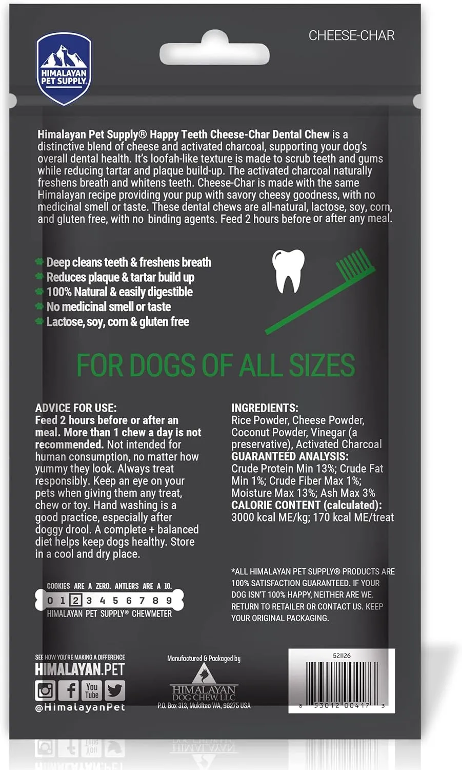 Himalayan Dog Chew Happy Teeth Yak Cheese, Soft Dog Chew, 100% Natural Soft Density Dental Treats, Gluten Free, Safe Treats for Oral Health, Lactose & Grain Free, Protein Rich, Cheese-Charcoal 2 Count
