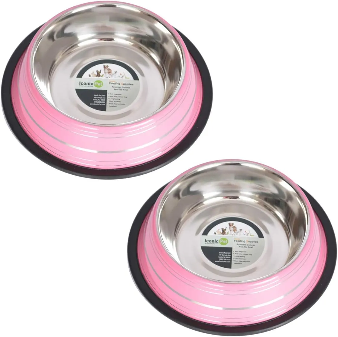Iconic Pet 3 Cup/24 Oz Elegant Stainless Steel Color Splash Food/Water Bowl with Non Skid, Noise Free, Removable Rubber Ring - Dog/ Cat Feeding Bowl In color shade, Dishwasher Safe - Pink, 2 Bowls