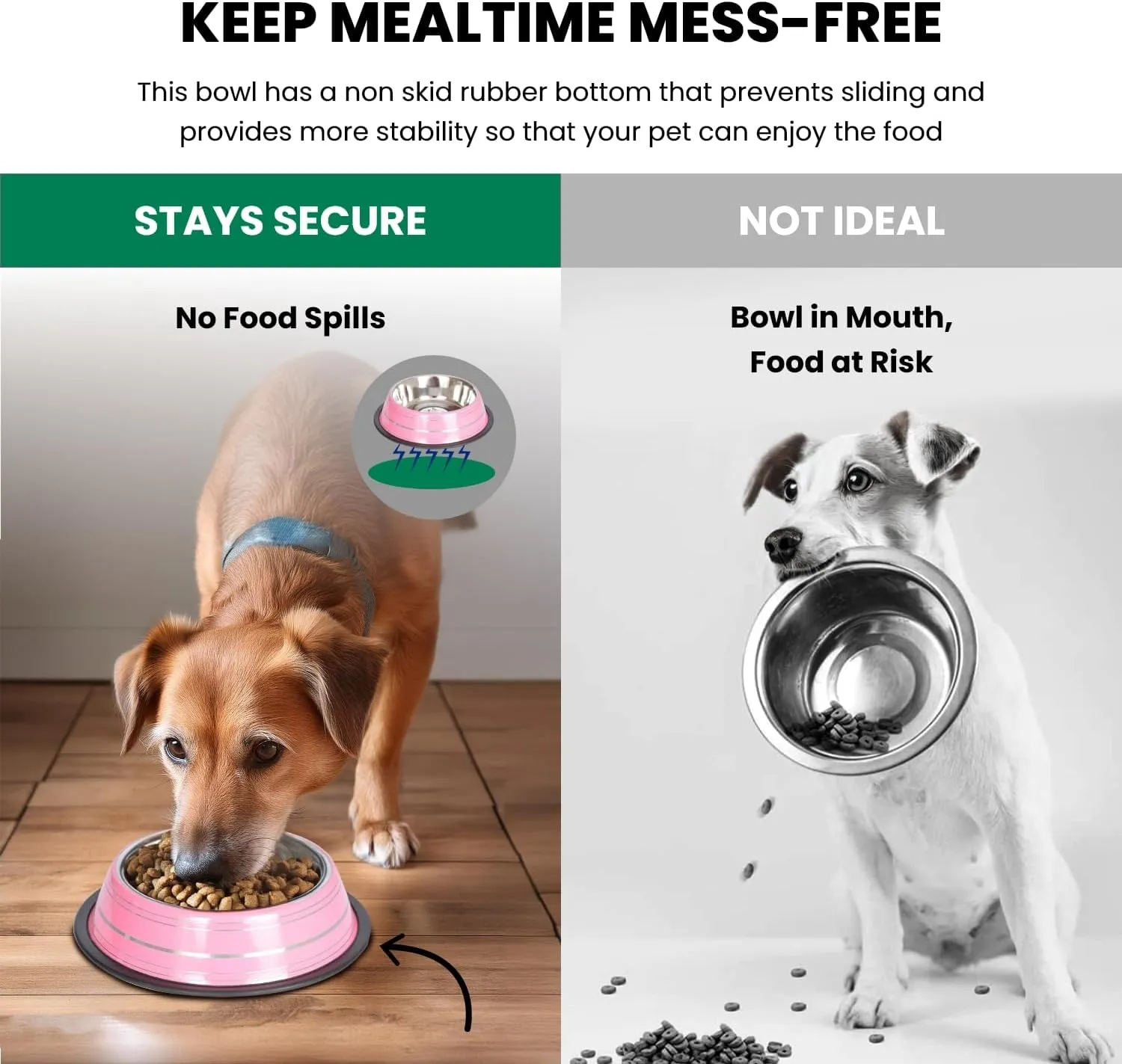 Iconic Pet 3 Cup/24 Oz Elegant Stainless Steel Color Splash Food/Water Bowl with Non Skid, Noise Free, Removable Rubber Ring - Dog/ Cat Feeding Bowl In color shade, Dishwasher Safe - Pink, 2 Bowls