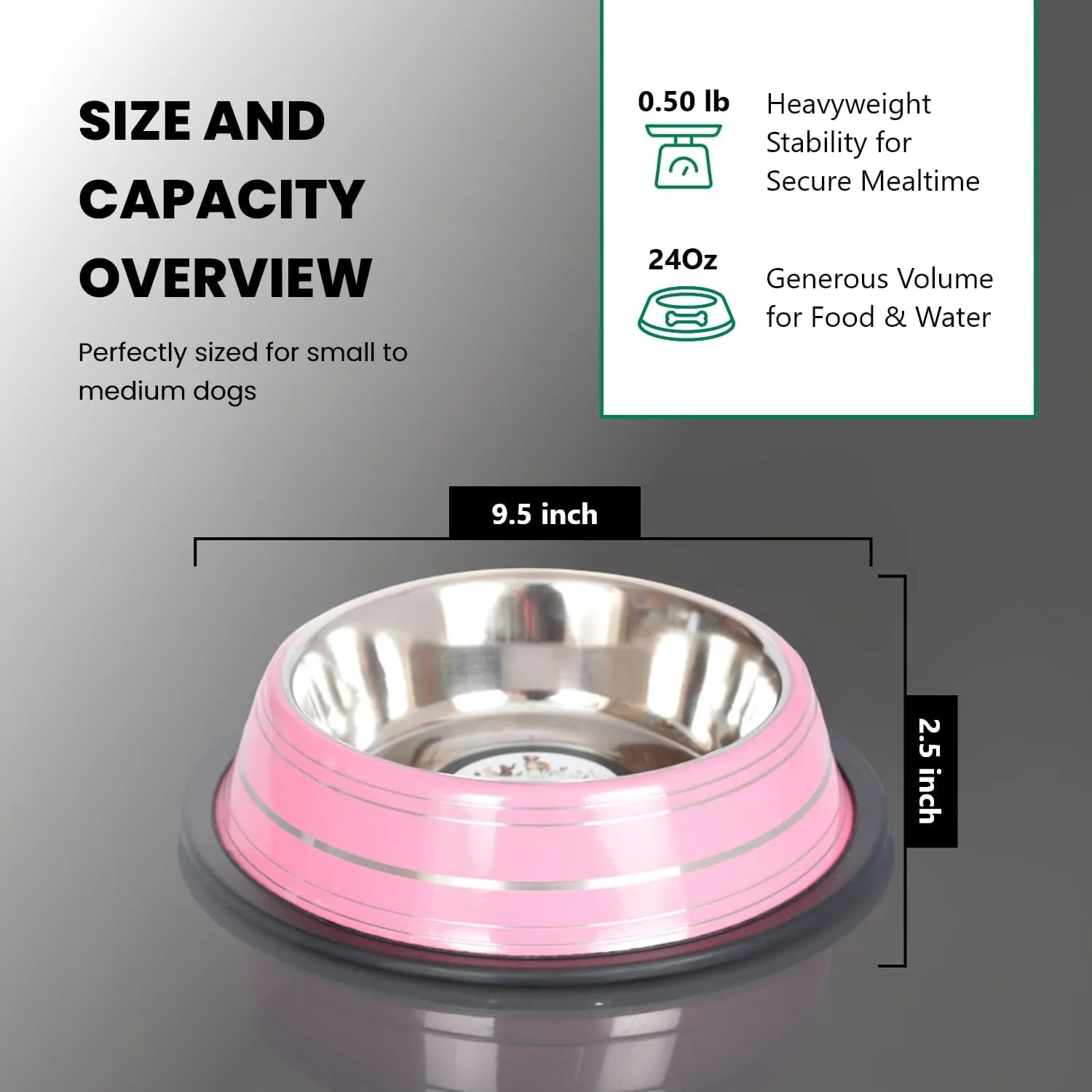 Iconic Pet 3 Cup/24 Oz Elegant Stainless Steel Color Splash Food/Water Bowl with Non Skid, Noise Free, Removable Rubber Ring - Dog/ Cat Feeding Bowl In color shade, Dishwasher Safe - Pink, 2 Bowls