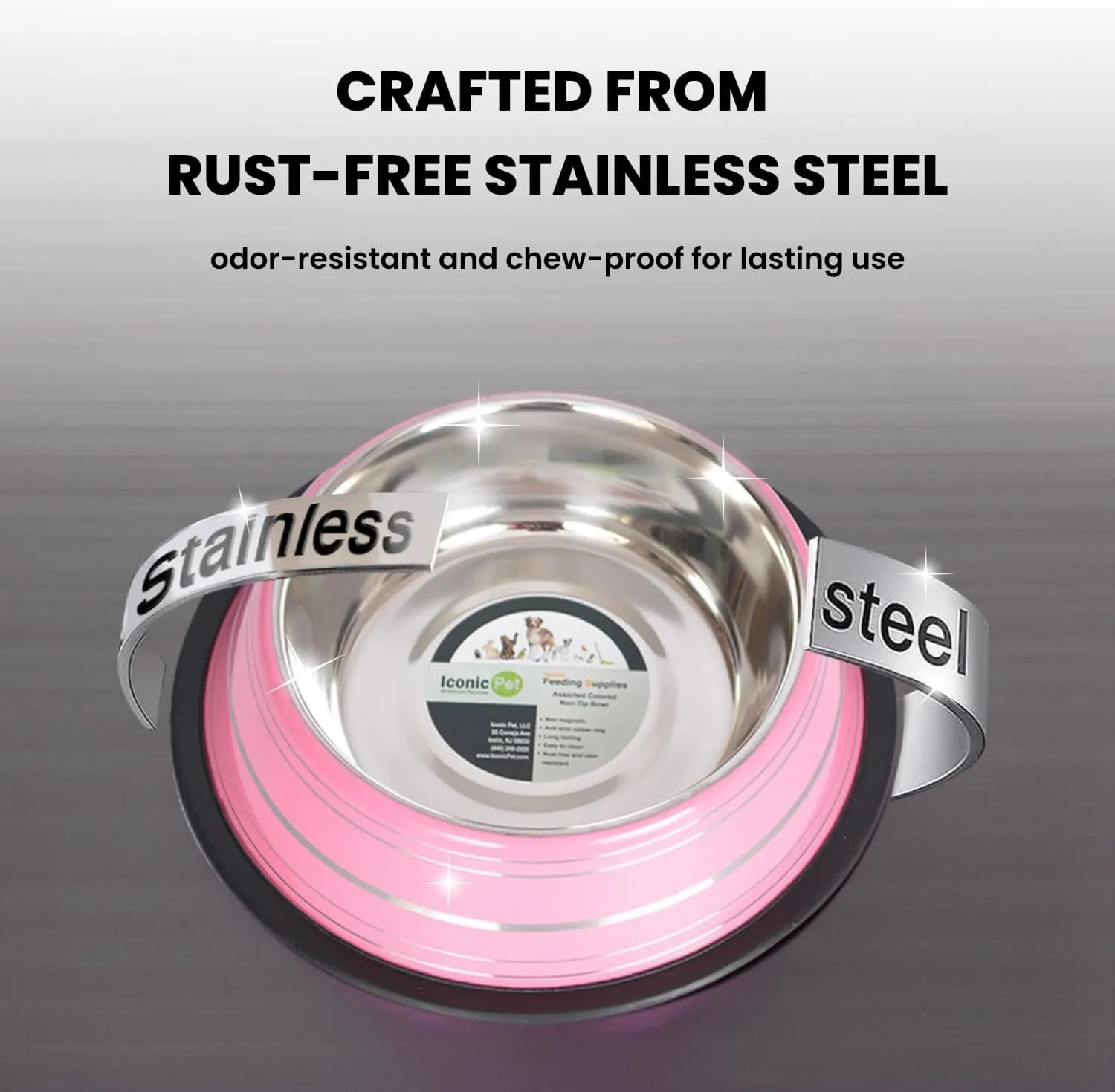 Iconic Pet 3 Cup/24 Oz Elegant Stainless Steel Color Splash Food/Water Bowl with Non Skid, Noise Free, Removable Rubber Ring - Dog/ Cat Feeding Bowl In color shade, Dishwasher Safe - Pink, 2 Bowls