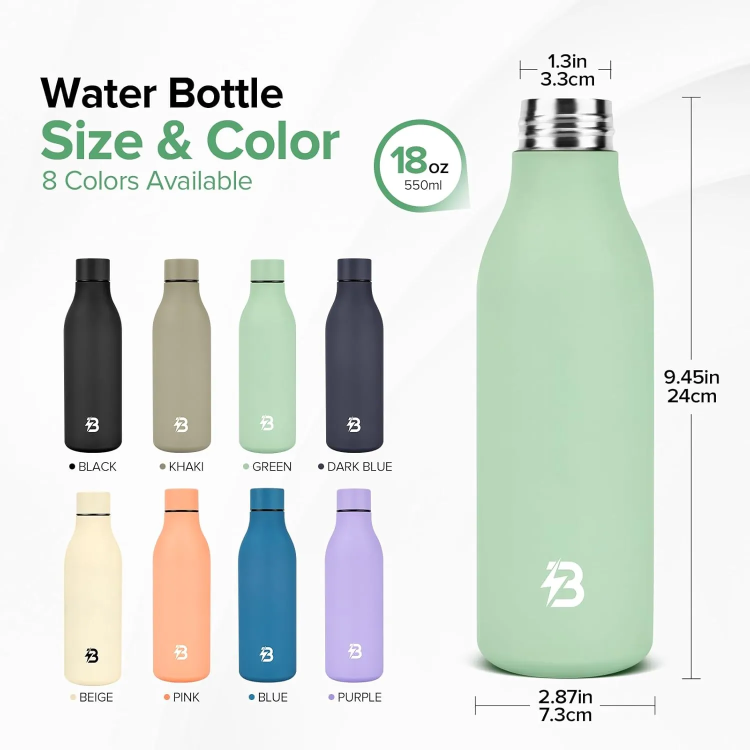 Insulated Metal Water Bottle, 18 oz Stainless Steel Leak-Proof Gym Water Bottle with Lid for Men Women (Green)