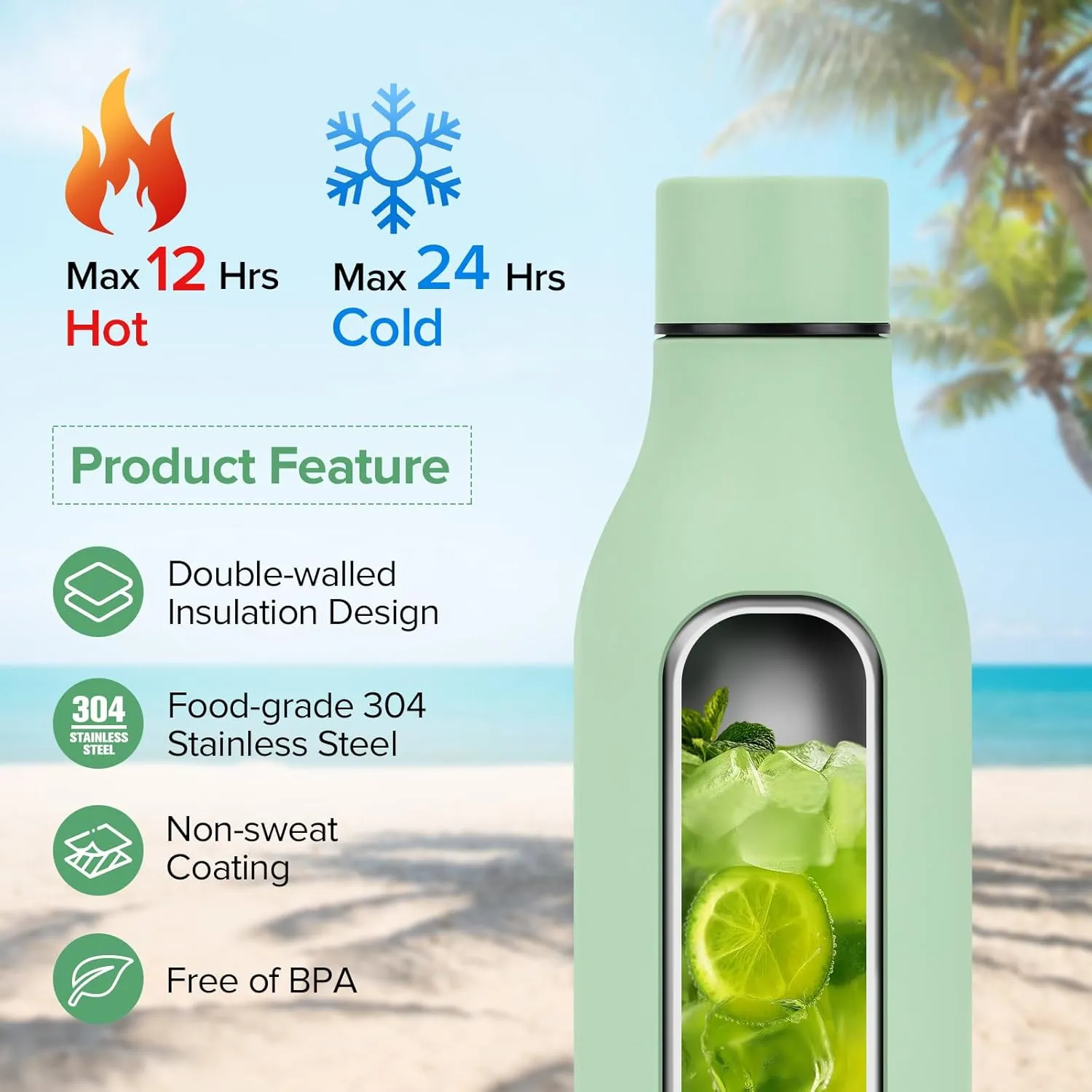 Insulated Metal Water Bottle, 18 oz Stainless Steel Leak-Proof Gym Water Bottle with Lid for Men Women (Green)