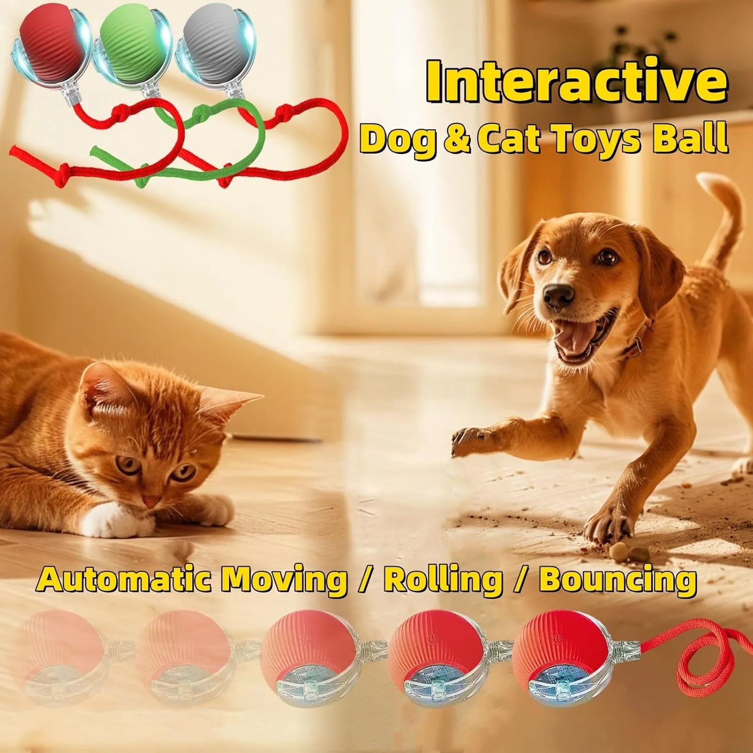Interactive Dog Cat Toy Ball, Automatic Moving Bouncing Rolling, with Replacement Tail, Pet Smart Chase Ball Rechargeable, Enrichment Toys for Bored Indoor Adult Cats/Dogs (Green)