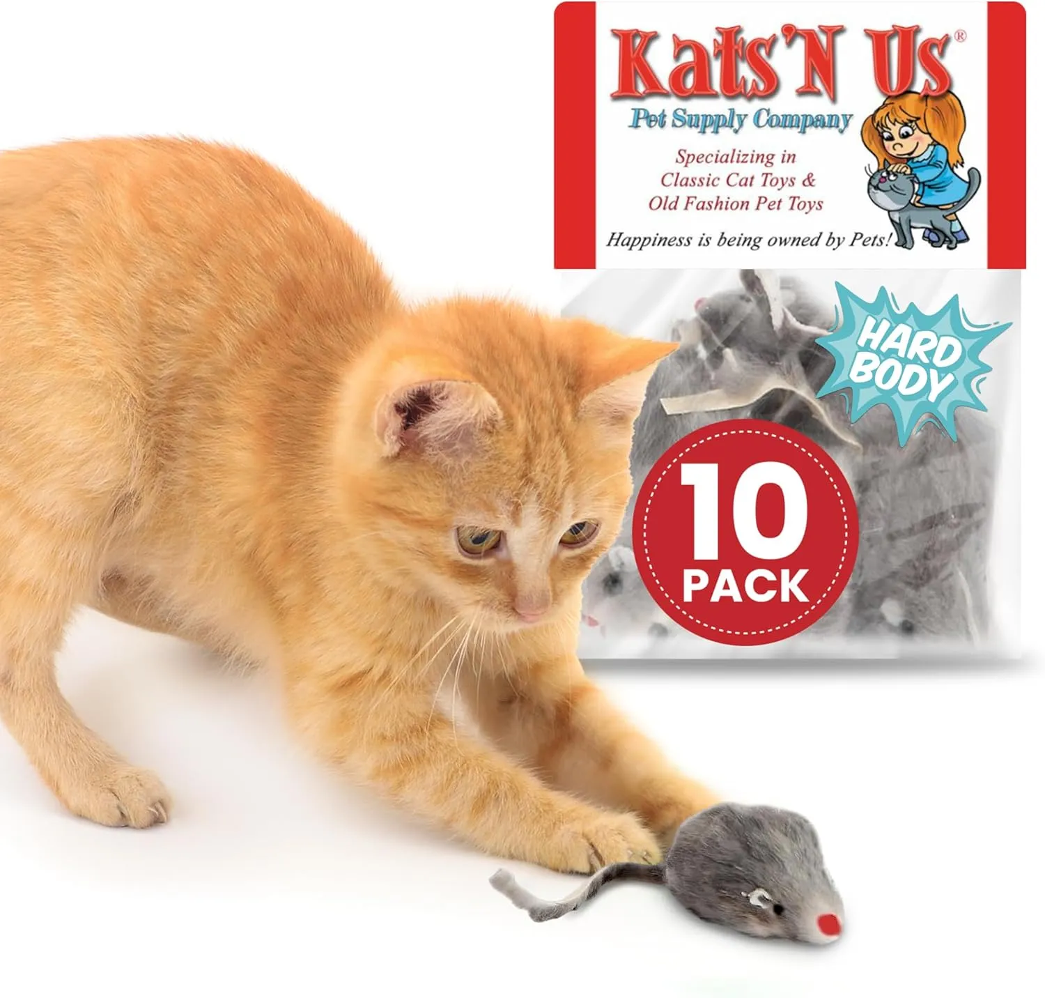 Kats'N Us Real Rabbit Fur Mouse Cat Toy - Hard Body - Interactive Cat Toys, Real Fur Mice, 10 Pack Gray NO Rattle