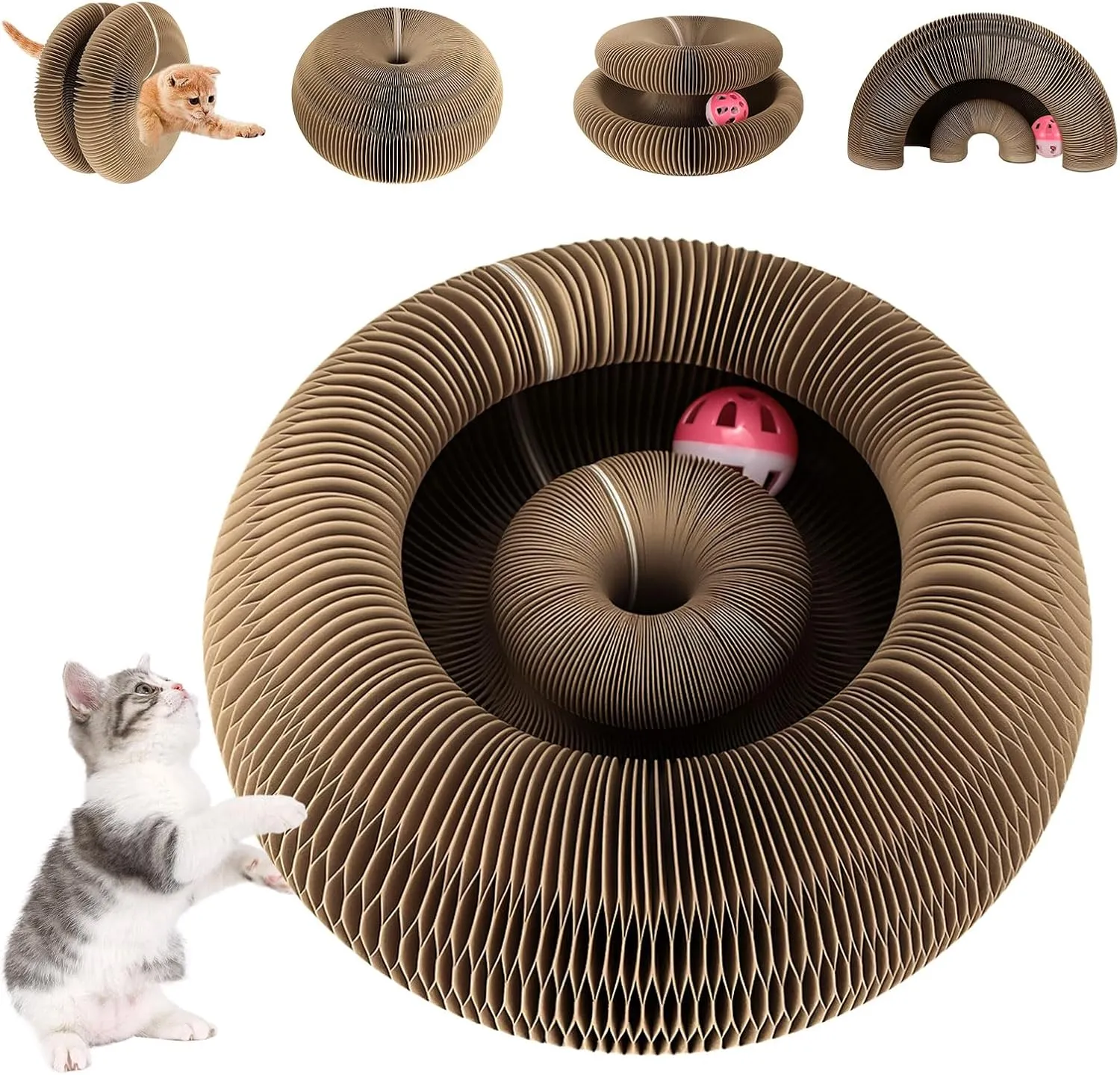 Kitty Kurlz Curls Cat Toy, Magic Organ Cat Scratching Board with Bell-Ball, Foldable Interactive Marlenes Kitten Curls Cat Scratchers for Indoor Cats