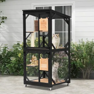 Large Cat Catio, 4 Tiers Outdoor Cats House with Removable Platforms, Cat Outdoor Enclosure Window Access with Waterproof Cover, Indoor Catio with Caster