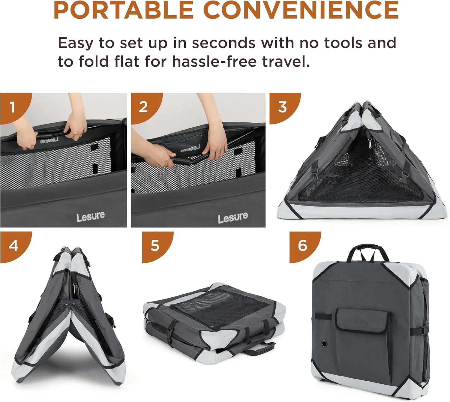 Lesure Collapsible Dog Crate - Portable Travel Kennel for Large Dog, 4-Door Pet Crate with Durable Mesh Windows, Indoor & Outdoor, Charcoal Gray