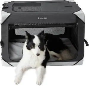 Lesure Collapsible Dog Crate - Portable Travel Kennel for Large Dog, 4-Door Pet Crate with Durable Mesh Windows, Indoor & Outdoor, Charcoal Gray