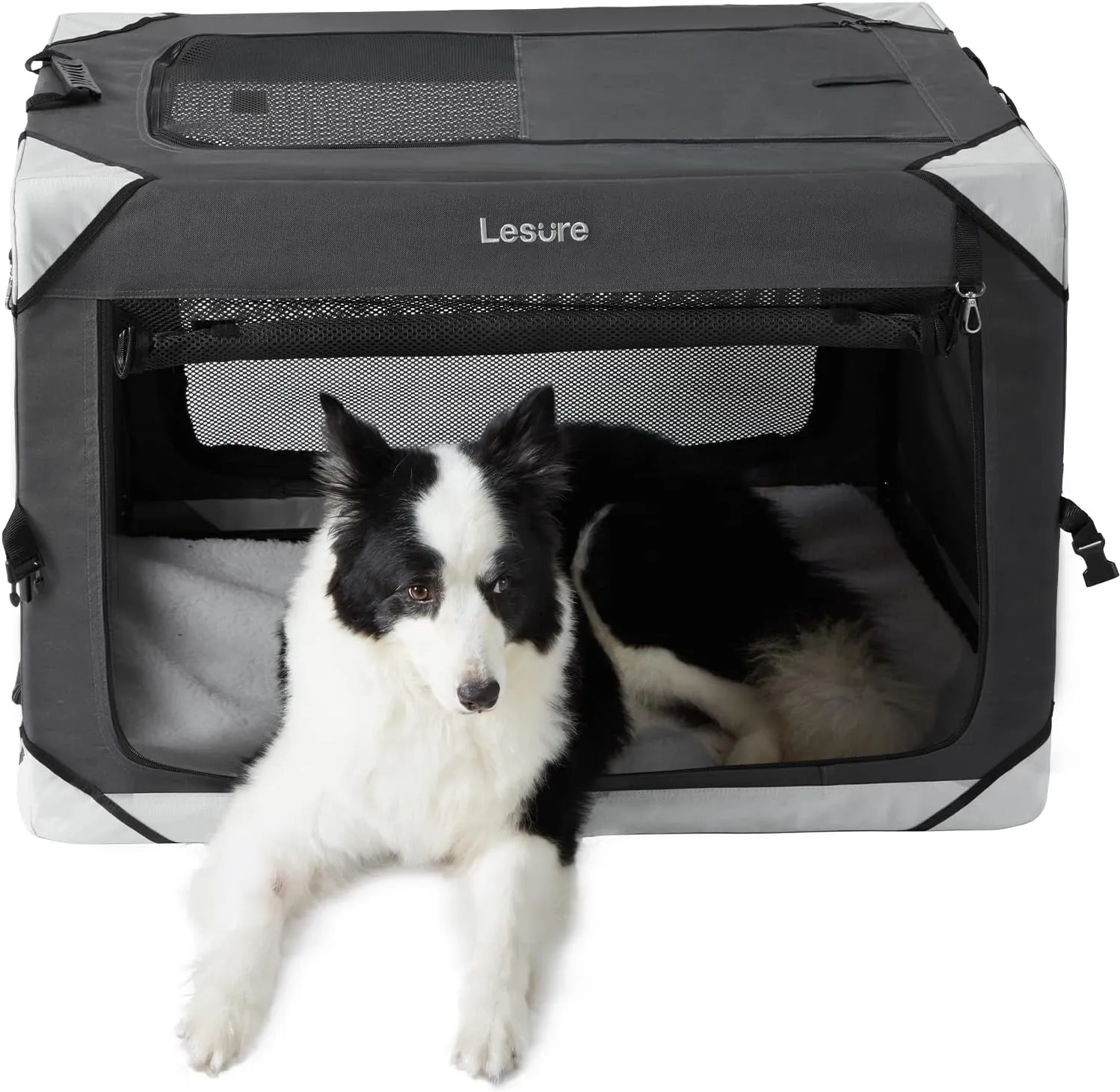Lesure Collapsible Dog Crate - Portable Travel Kennel for Large Dog, 4-Door Pet Crate with Durable Mesh Windows, Indoor & Outdoor, Charcoal Gray