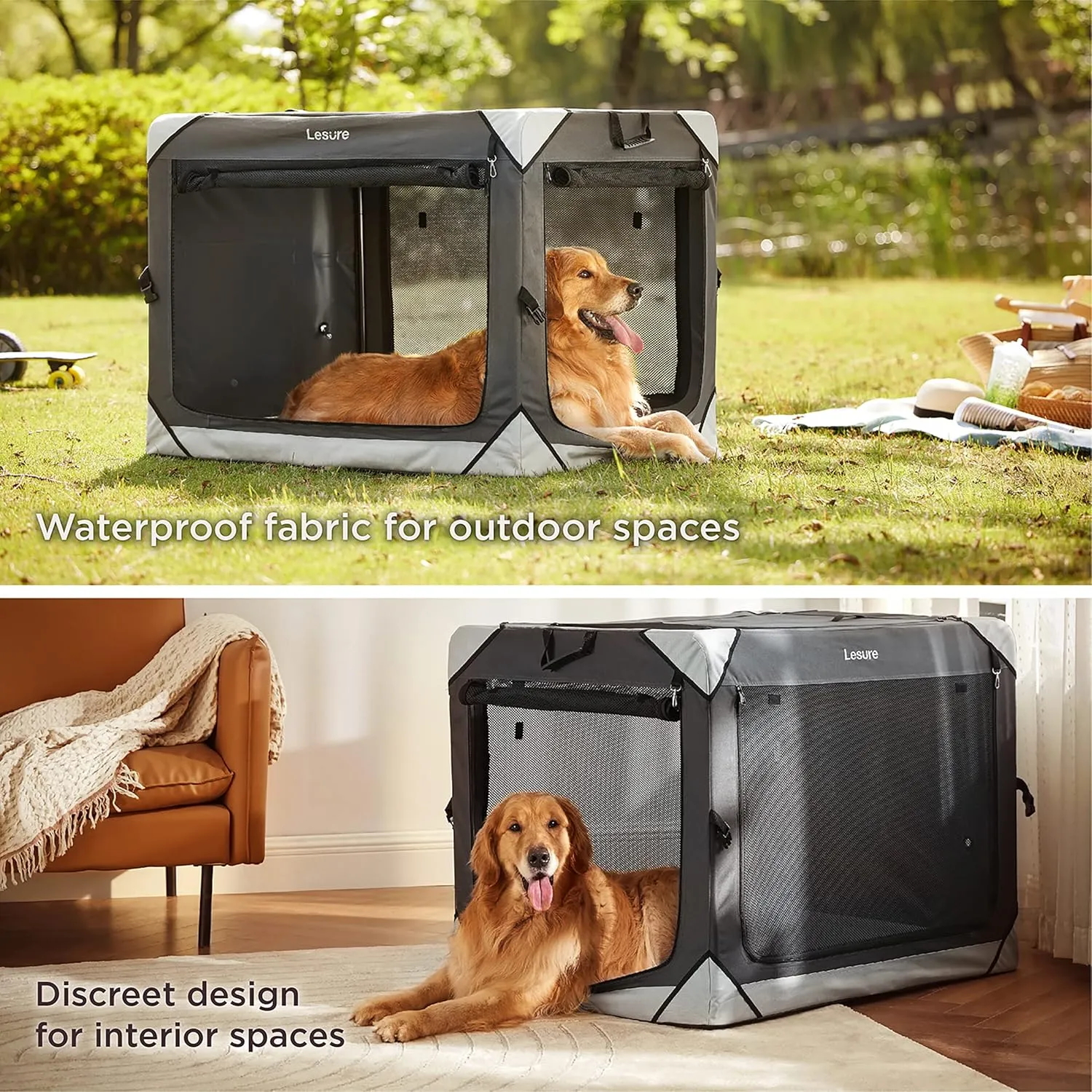 Lesure Collapsible Dog Crate - Portable Travel Kennel for Large Dog, 4-Door Pet Crate with Durable Mesh Windows, Indoor & Outdoor, Charcoal Gray