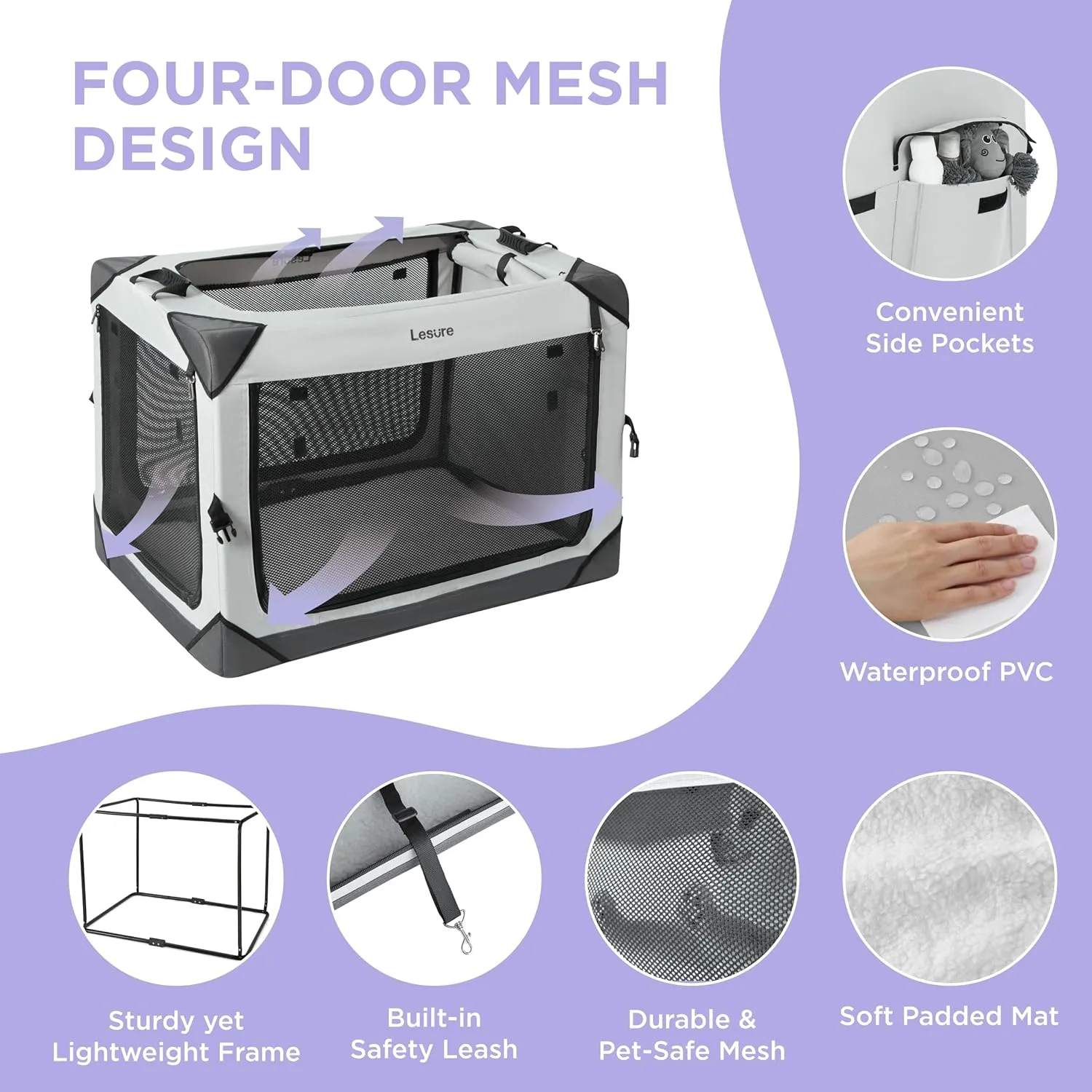 Lesure Collapsible Dog Crate - Portable Travel Kennel for Large Dog, 4-Door Pet Crate with Durable Mesh Windows, Indoor & Outdoor, Charcoal Gray
