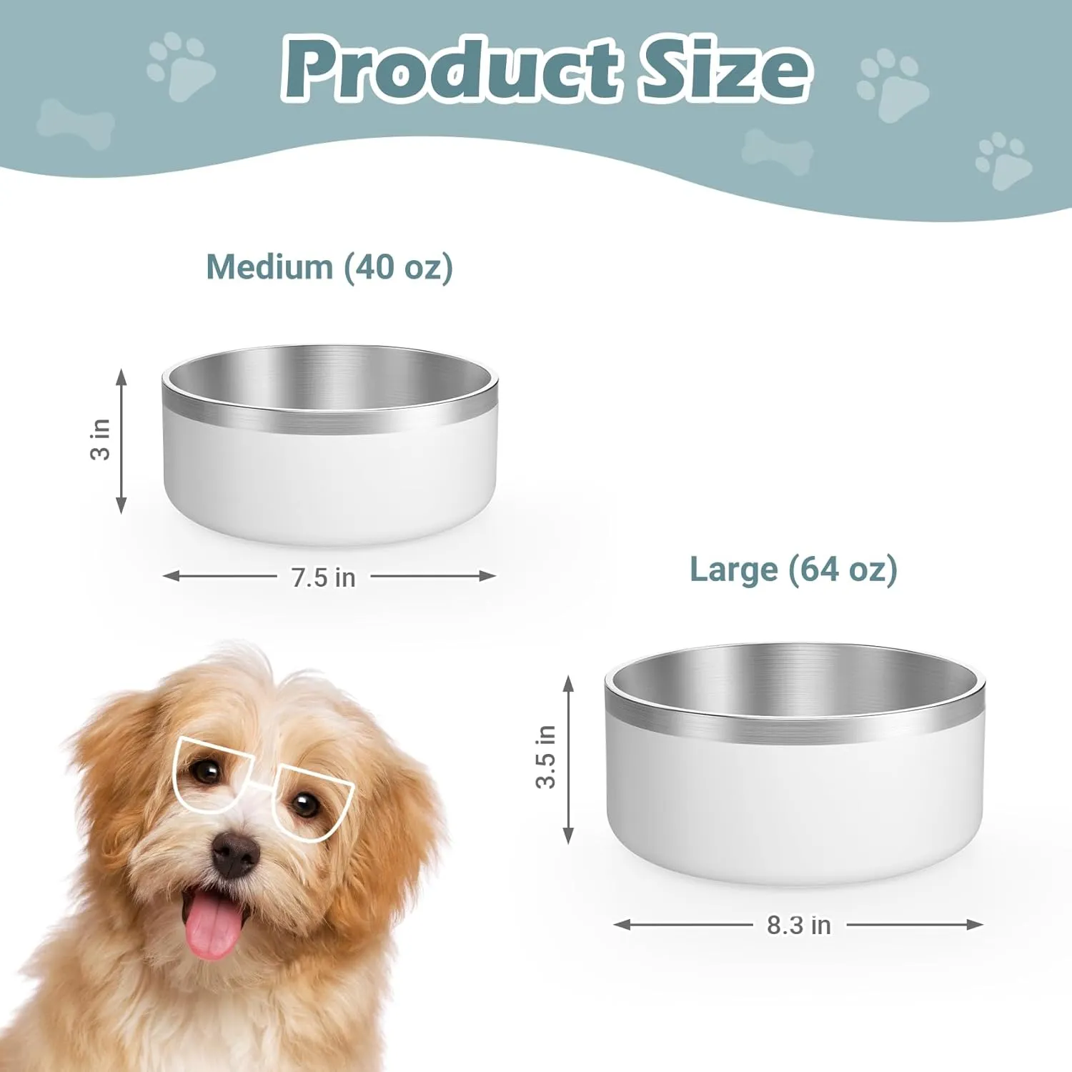 LIANLAI Dog Water Bowl, Rust-Resistant Stainless Steel Dog Bowls, Non-Slip Pet Dishes for Medium Puppys, Double-Walled Puppy Bowls (White40 oz)