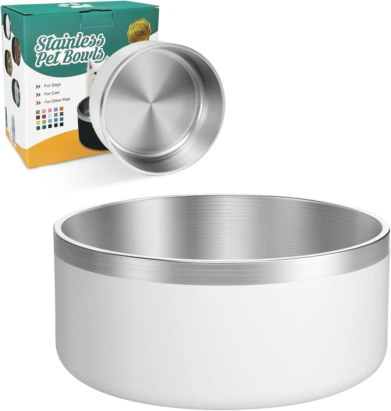 LIANLAI Dog Water Bowl, Rust-Resistant Stainless Steel Dog Bowls, Non-Slip Pet Dishes for Medium Puppys, Double-Walled Puppy Bowls (White40 oz)