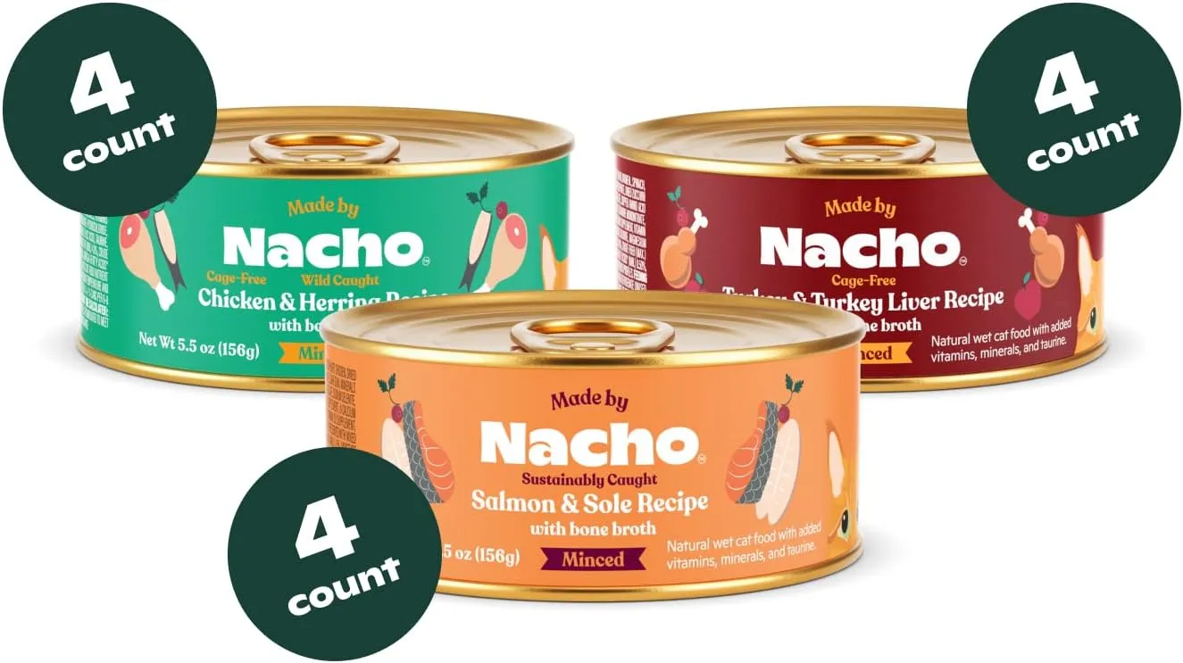 Made by Nacho Premium Wet Cat Food Grain-Free Pate Cans, 12 Pack, (Chicken, Salmon, and Turkey) (Pate Variety Pack, 5.5 Ounce), Limited Ingredients