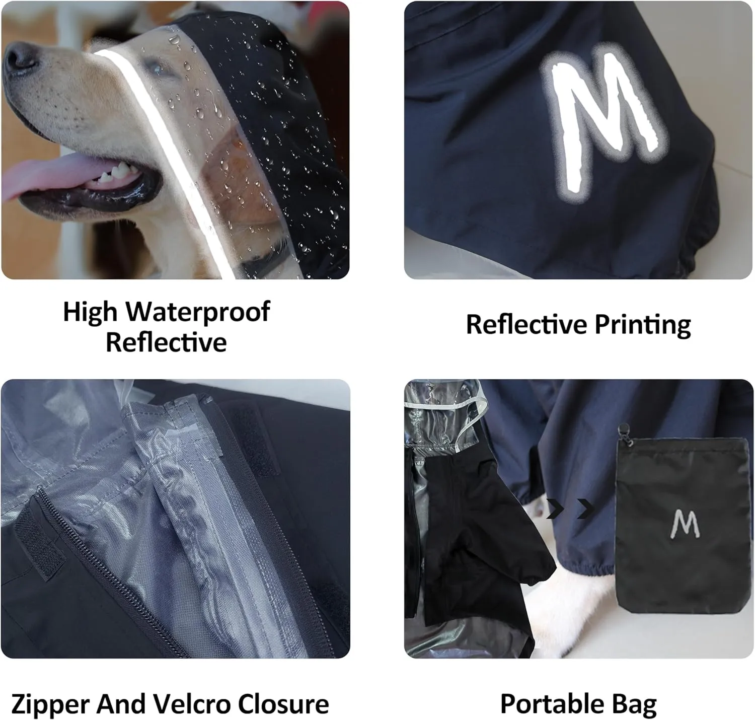 Mamore Dog Raincoat with Clear Hood and 2 Legs, Adjustable Jacket with Bottom Waterproof and Reflective Stripe for Small to Large Dogs (Black, Small)