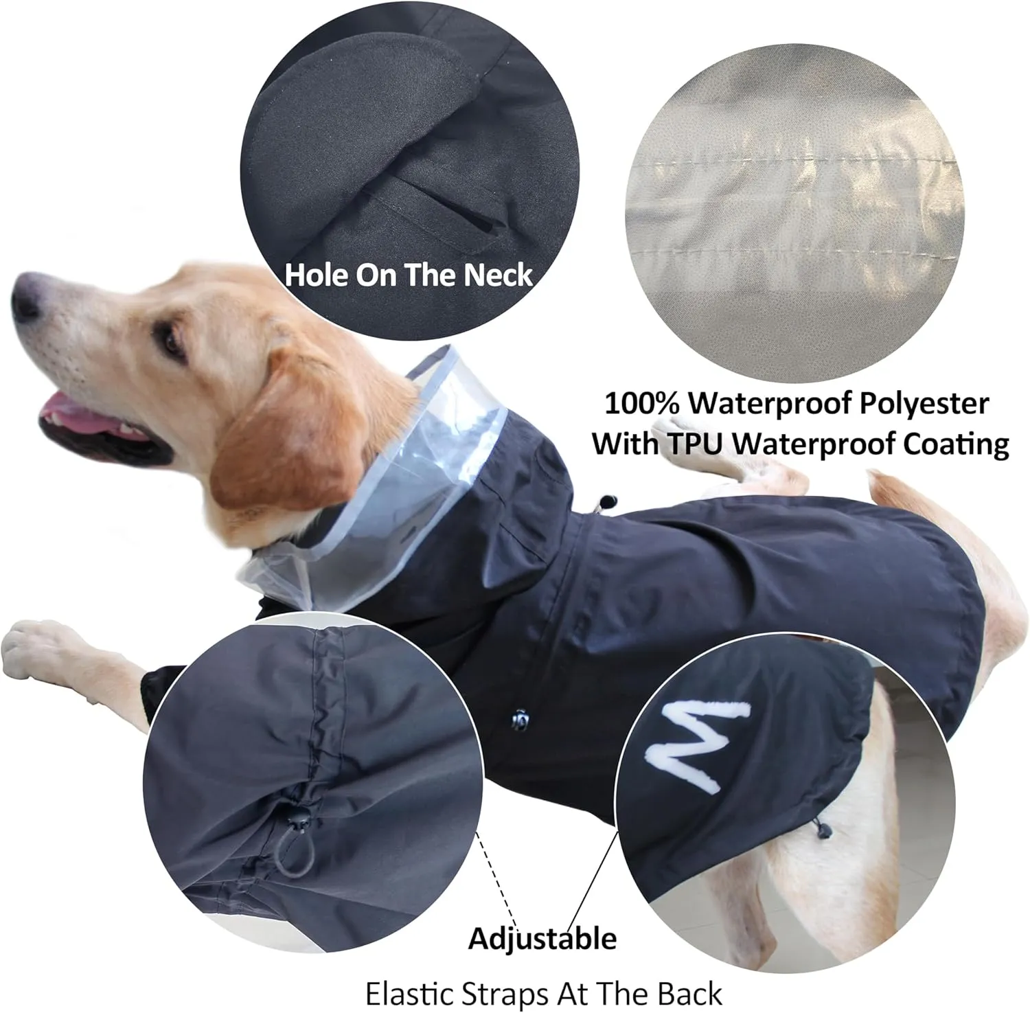 Mamore Dog Raincoat with Clear Hood and 2 Legs, Adjustable Jacket with Bottom Waterproof and Reflective Stripe for Small to Large Dogs (Black, Small)