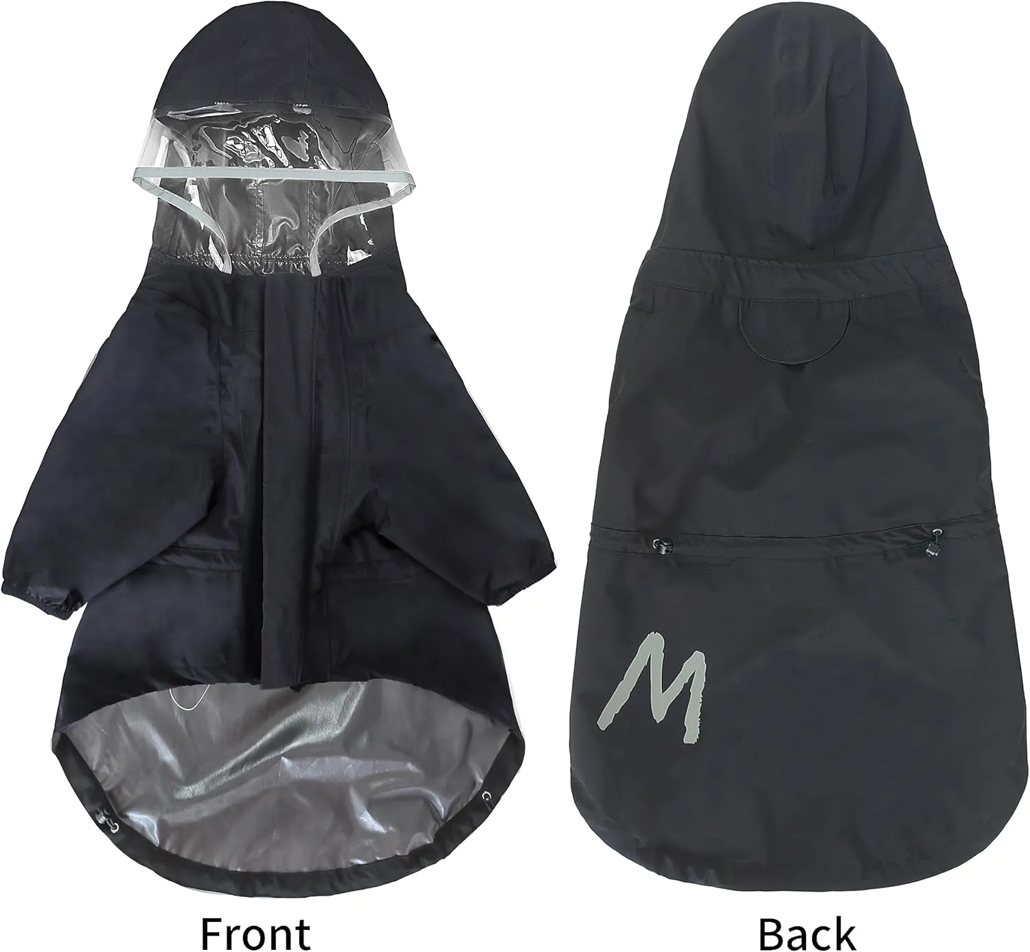 Mamore Dog Raincoat with Clear Hood and 2 Legs, Adjustable Jacket with Bottom Waterproof and Reflective Stripe for Small to Large Dogs (Black, Small)