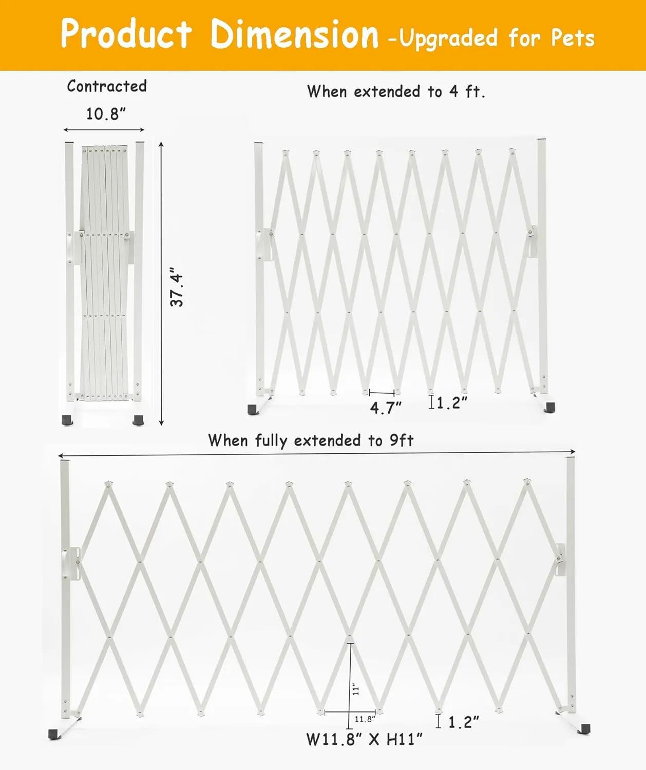 Metal Expandable Dog Gate, 9Feet, Versatile Accordion Safety Barrier, Portable Retractable Barricade, Free Standing Adjustable Pet Fence, Indoor and Outdoor