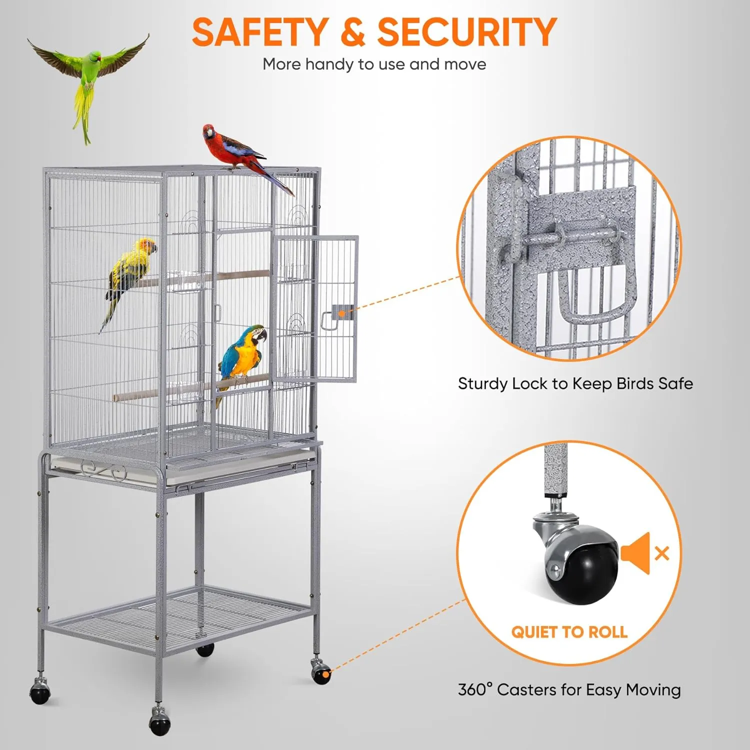 Nova Microdermabrasion 53-Inch Rolling Bird Cage, Wrought Iron Large Cage with Stand and Storage Shelf for Parrots, Cockatiels, Parakeets, and Macaws (White)