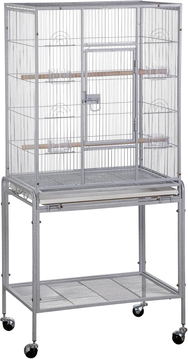 Nova Microdermabrasion 53-Inch Rolling Bird Cage, Wrought Iron Large Cage with Stand and Storage Shelf for Parrots, Cockatiels, Parakeets, and Macaws (White)