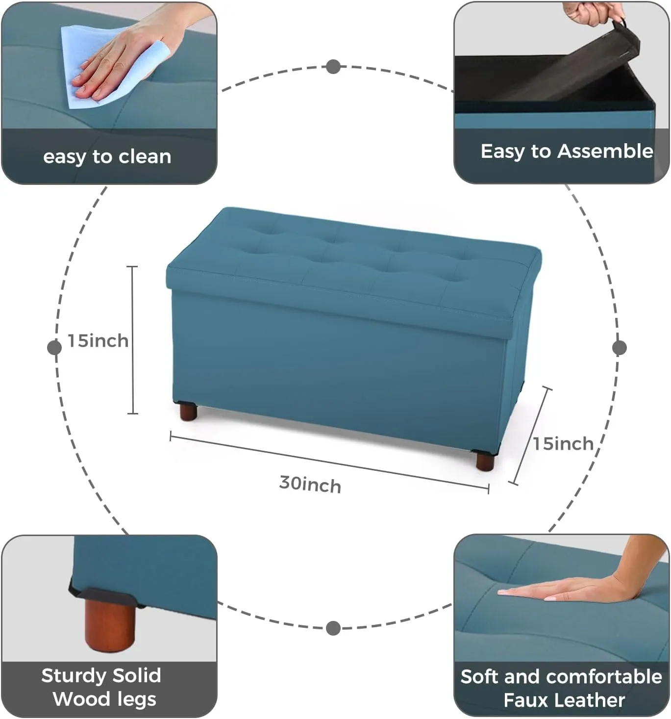Ottoman Storage Bench for Living Room Storage Ottoman with Tray Bedroom Foot Stool Storage Ottomans Coffee Table Lid Storage Footstool with Legs end of Bed Faxu Leather 30" Inch (D-Blue)