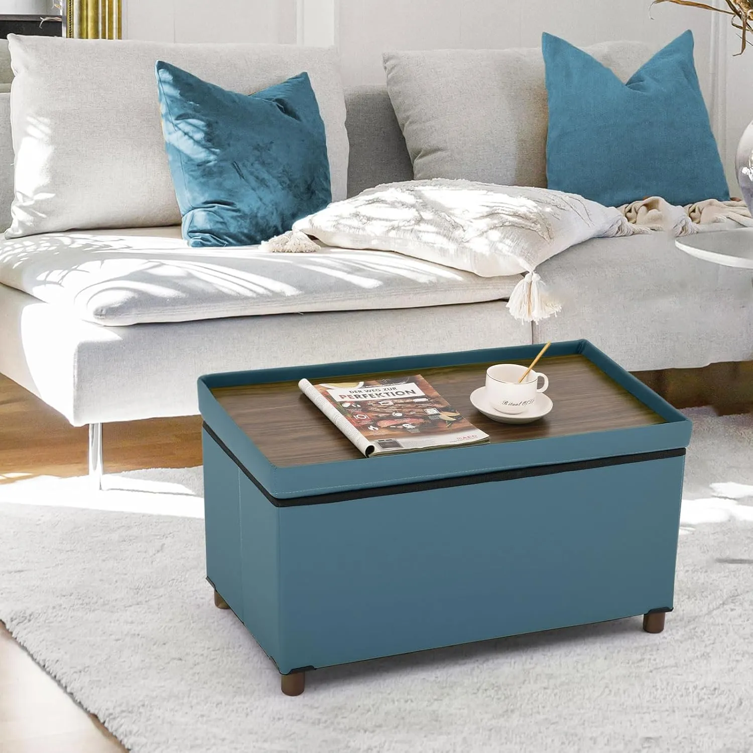 Ottoman Storage Bench for Living Room Storage Ottoman with Tray Bedroom Foot Stool Storage Ottomans Coffee Table Lid Storage Footstool with Legs end of Bed Faxu Leather 30" Inch (D-Blue)