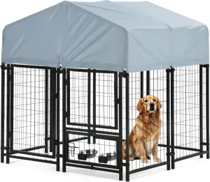 Outdoor Dog Enclosure Heavy Duty Dog Kennel House Mesh Dog Big Cage Pet Kennel Steel Fence with Secure Lock and UV-Resistant Waterproof Roof Cover for Outside (4x4x5 FT)