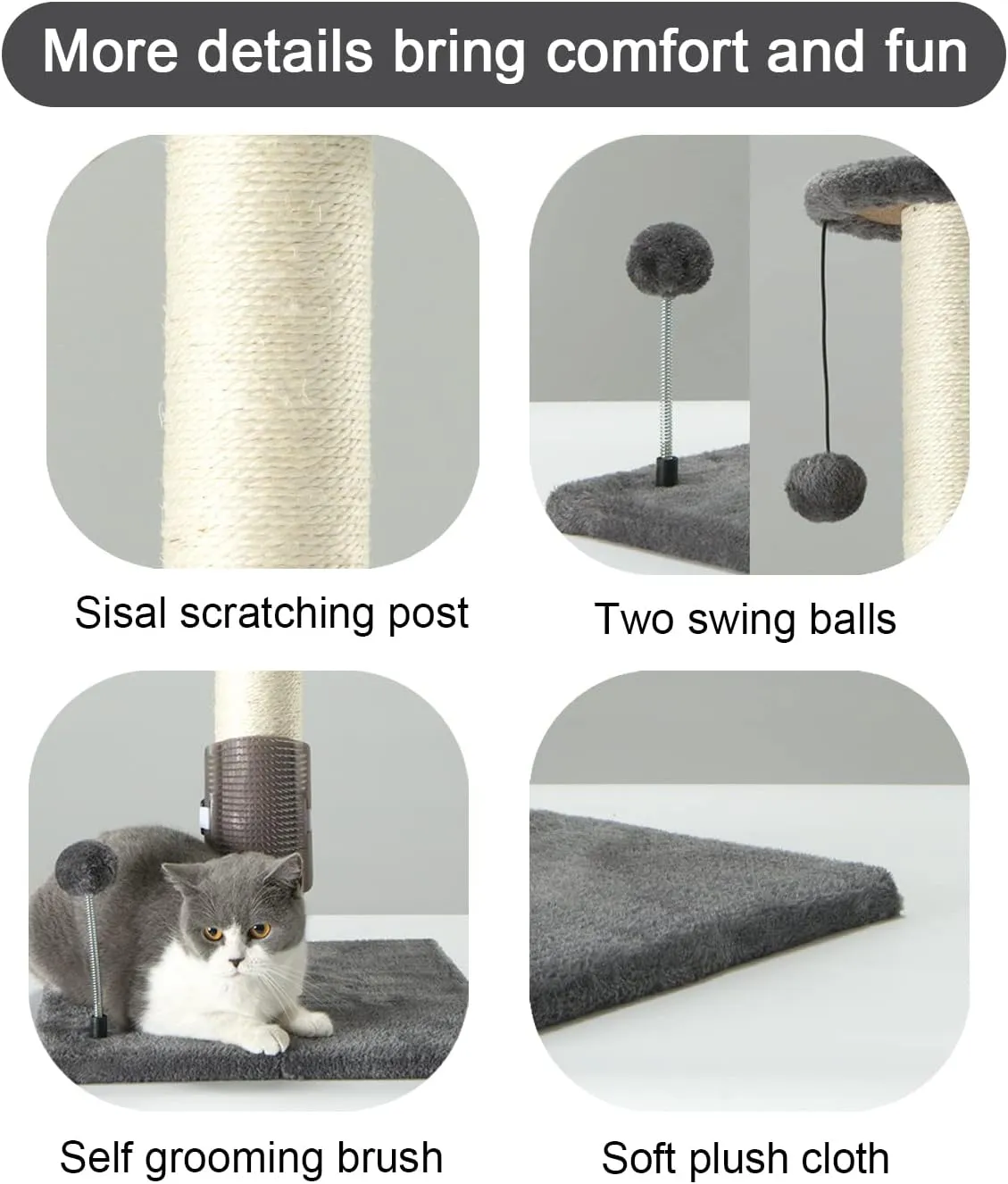 PEEKAB 32" Tall Cat Scratching Post Sisal Scratch Posts with Hanging Ball and Self-Massage Brush Vertical Scratcher for Indoor Cats and Kittens Gray 32inches