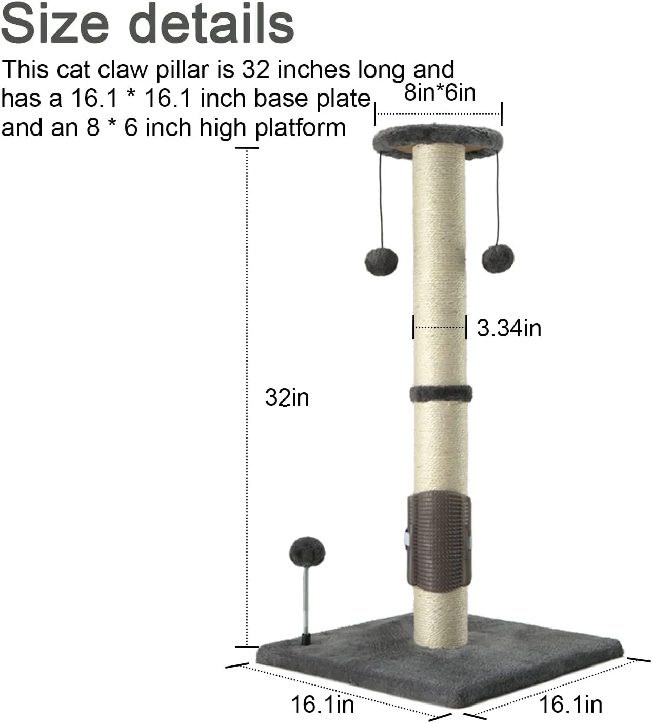 PEEKAB 32" Tall Cat Scratching Post Sisal Scratch Posts with Hanging Ball and Self-Massage Brush Vertical Scratcher for Indoor Cats and Kittens Gray 32inches
