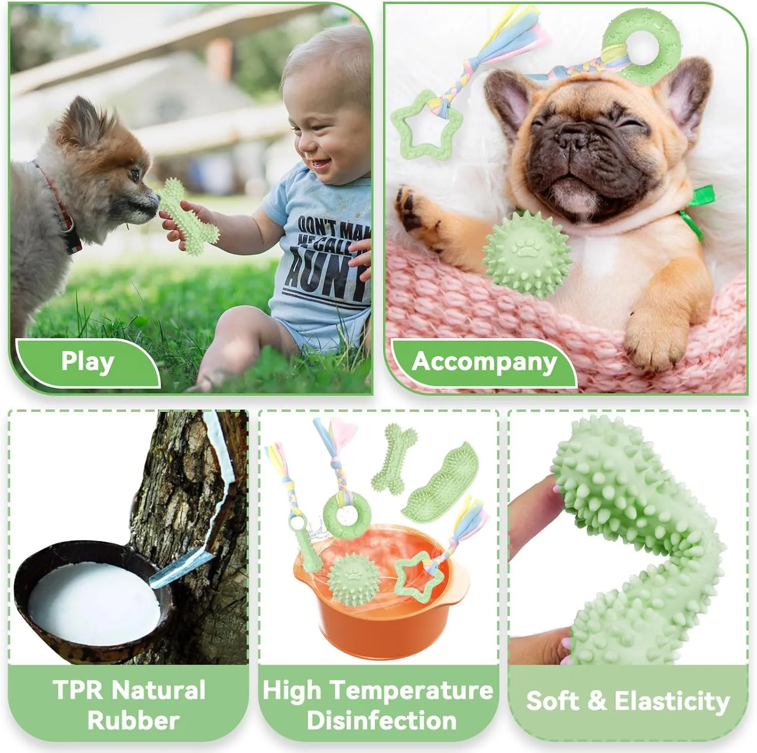 Petcare 6 Pack Small Dog Toys for Small Breed, Cute Green Puppy Teething Toys, Rubber Chew Toys, Essentials to Keep Them Busy, Best Pet Birthday Dog Toys