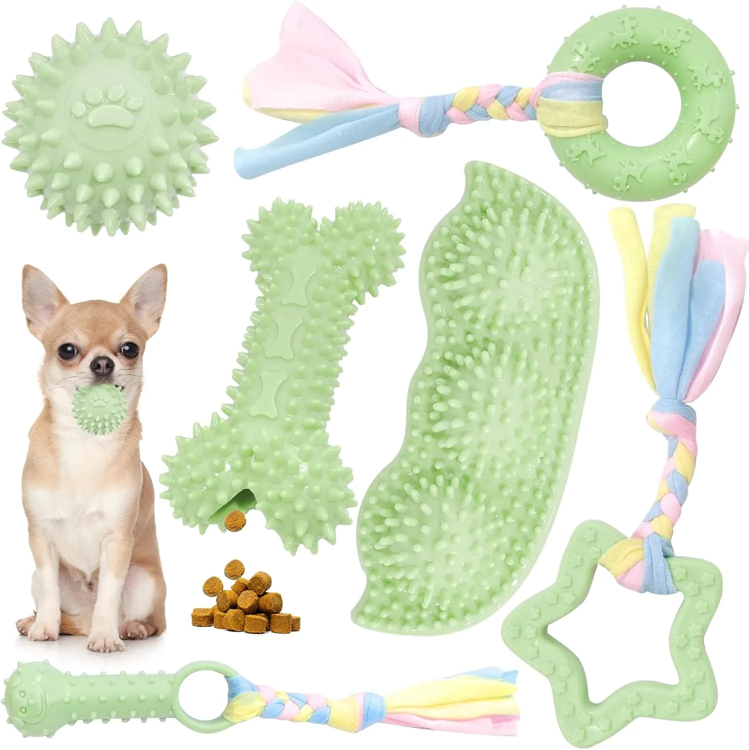 Petcare 6 Pack Small Dog Toys for Small Breed, Cute Green Puppy Teething Toys, Rubber Chew Toys, Essentials to Keep Them Busy, Best Pet Birthday Dog Toys