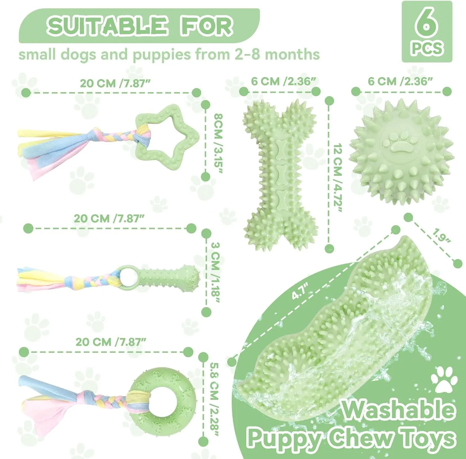 Petcare 6 Pack Small Dog Toys for Small Breed, Cute Green Puppy Teething Toys, Rubber Chew Toys, Essentials to Keep Them Busy, Best Pet Birthday Dog Toys