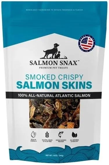 Pet|Dog Treats Smoked Crispy Salmon Skin All Natural Atlantic Salmon Gluten Free Grain Free Rich in Omega-3 Reselable Bag (12 Oz)