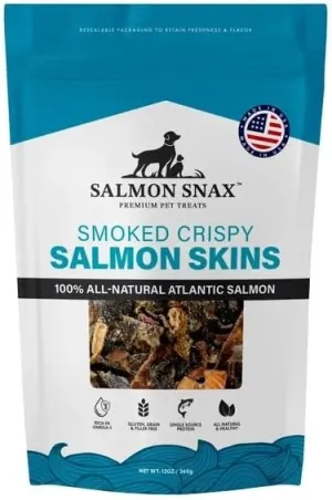 Pet|Dog Treats Smoked Crispy Salmon Skin All Natural Atlantic Salmon Gluten Free Grain Free Rich in Omega-3 Reselable Bag (12 Oz)