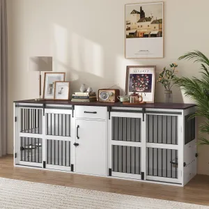 Piskyet 84.5" Double Medium Dog Crate Furniture,Heavy Duty Farmhouse Style Tv Stand Dog Kennel with Drawer and Cabinet, Barn Sliding Doors Dog Crate with Rotatable Dog Bowls Feeder