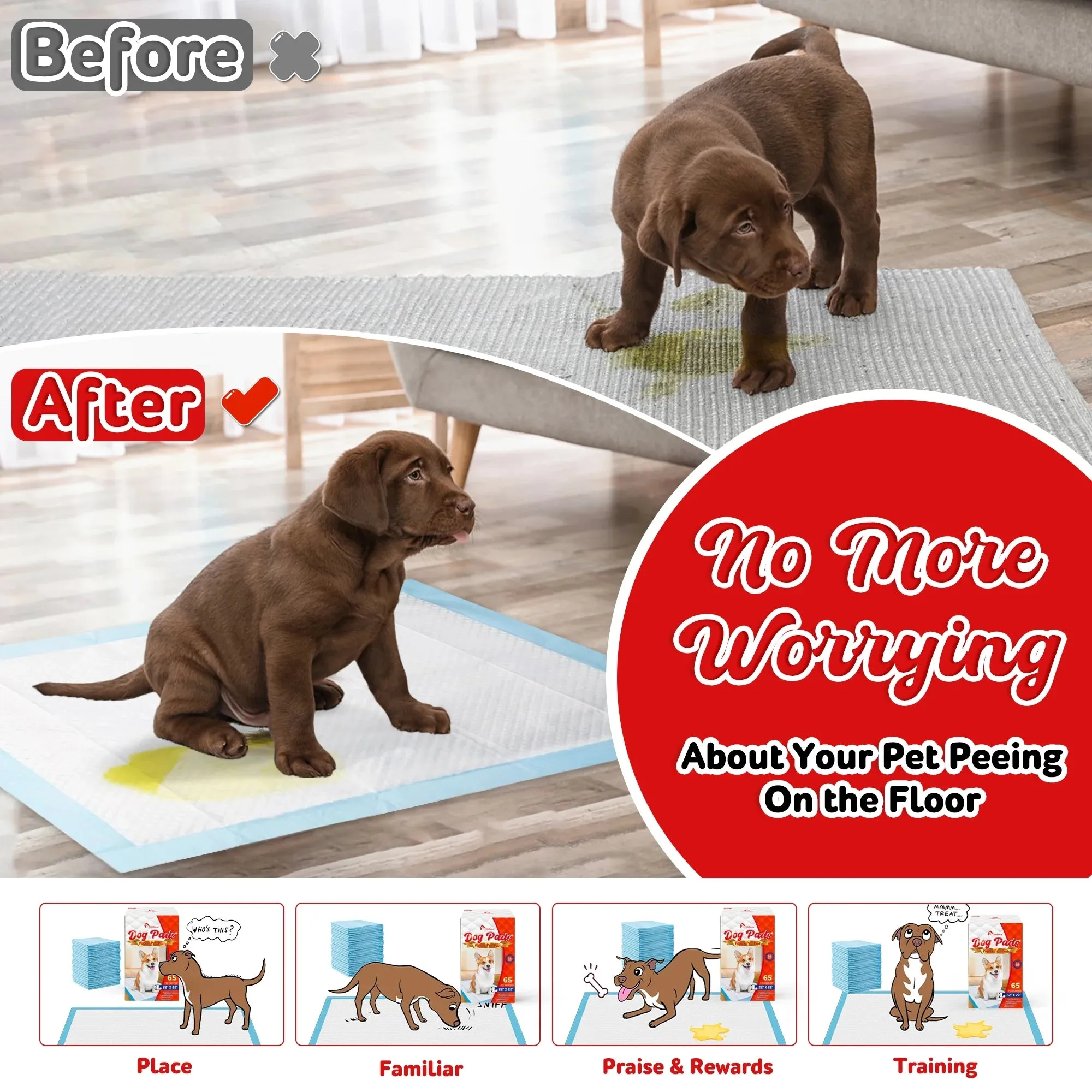 Puppy Pads Training Pads, Large, 22 in X 22 In, 65 Count Disposable Dog Pee Pet Pads