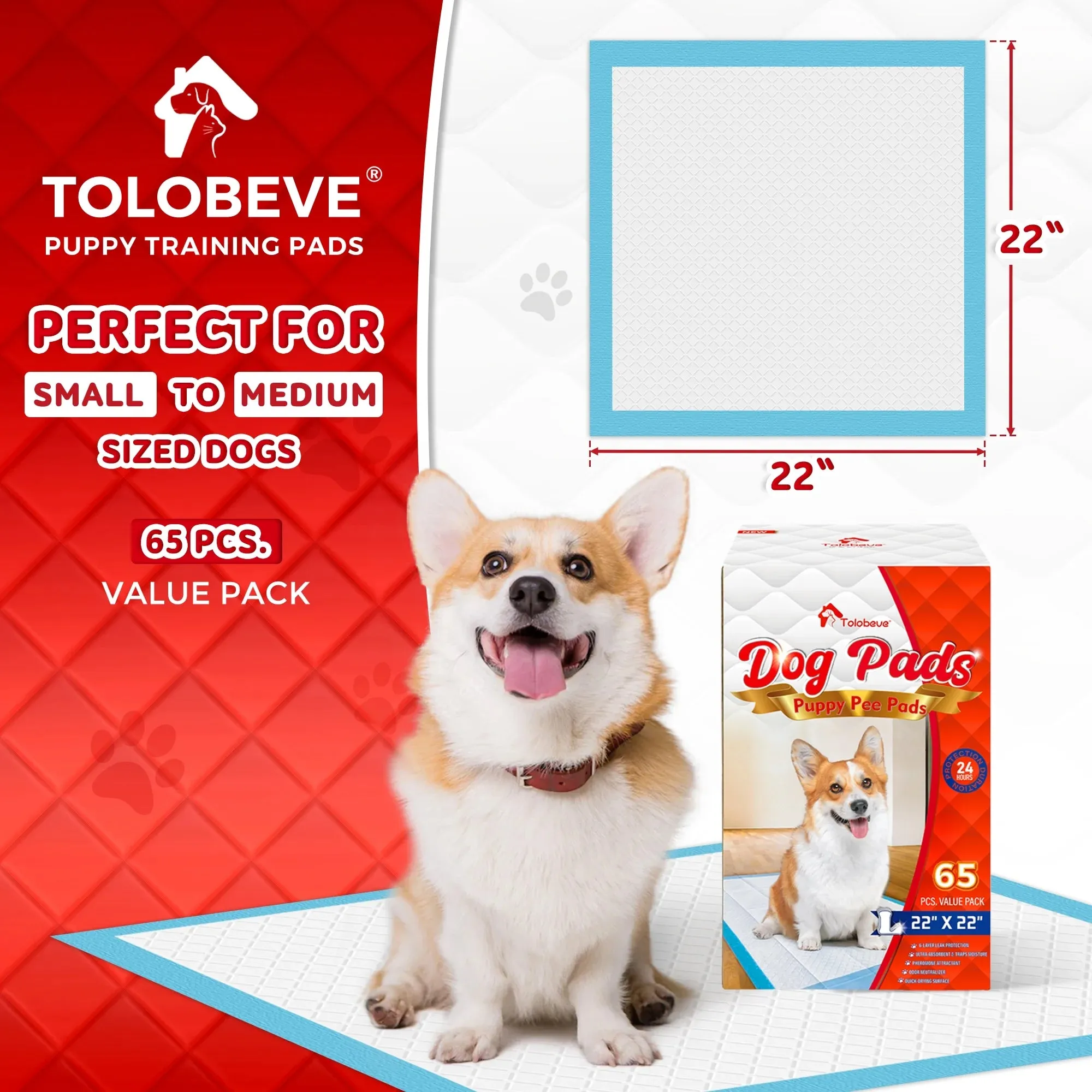Puppy Pads Training Pads, Large, 22 in X 22 In, 65 Count Disposable Dog Pee Pet Pads