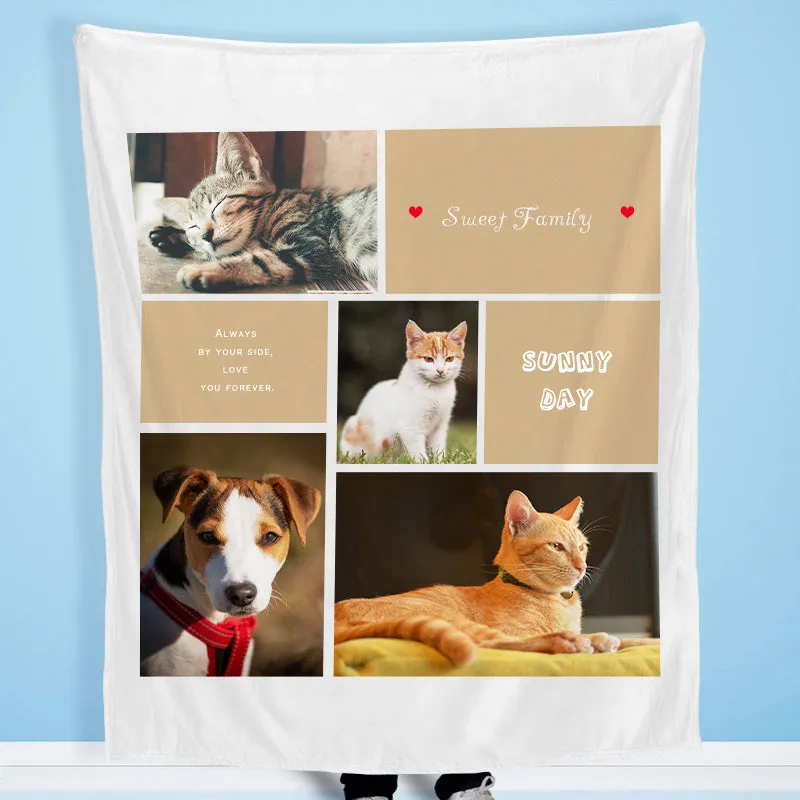 "Sweet Family" Custom Pet Photos Fleece Blanket with 4 Pet Pictures