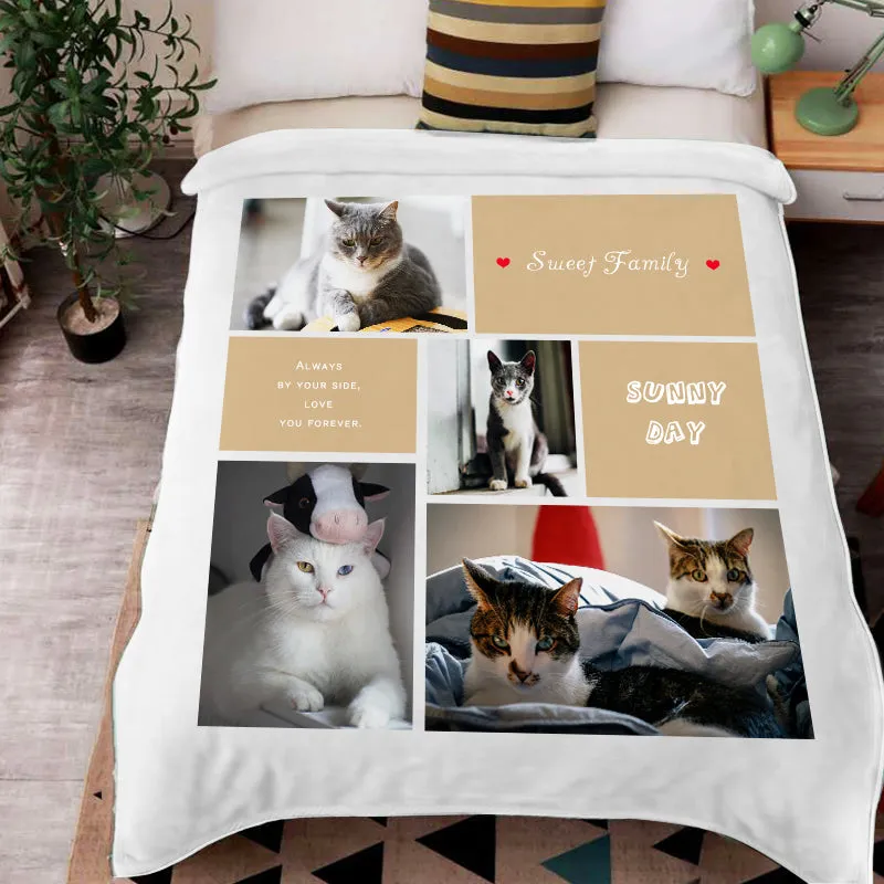 "Sweet Family" Custom Pet Photos Fleece Blanket with 4 Pet Pictures