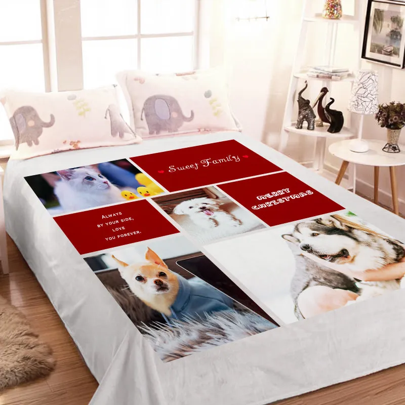 "Sweet Family" Custom Pet Photos Fleece Blanket with 4 Pet Pictures