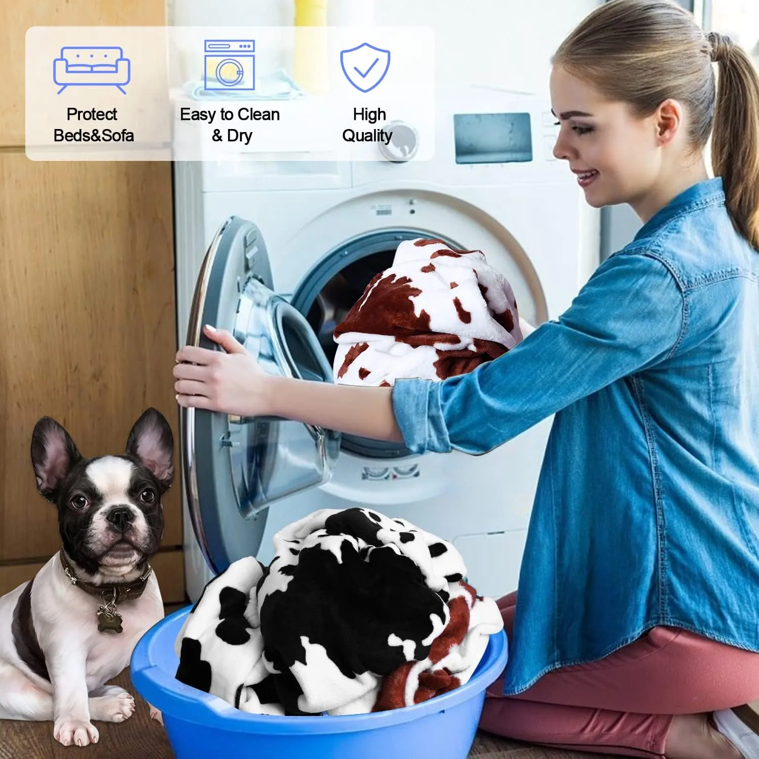 Rezutan Dog Blankets for Large Dogs, 3 Pack Soft Fuzzy Washable Flannel Cow Print Pet Mat, Reversible 42x32 inch Brown White Cow Print