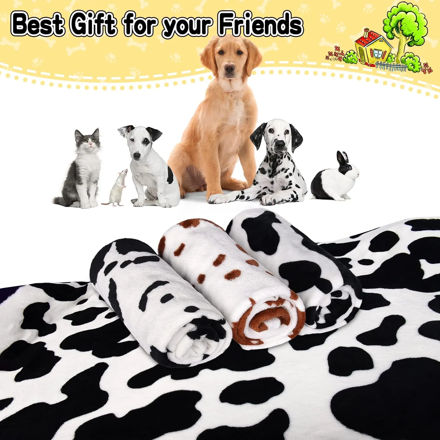 Rezutan Dog Blankets for Large Dogs, 3 Pack Soft Fuzzy Washable Flannel Cow Print Pet Mat, Reversible 42x32 inch Brown White Cow Print
