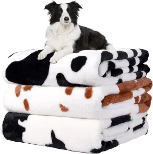 Rezutan Dog Blankets for Large Dogs, 3 Pack Soft Fuzzy Washable Flannel Cow Print Pet Mat, Reversible 42x32 inch Brown White Cow Print