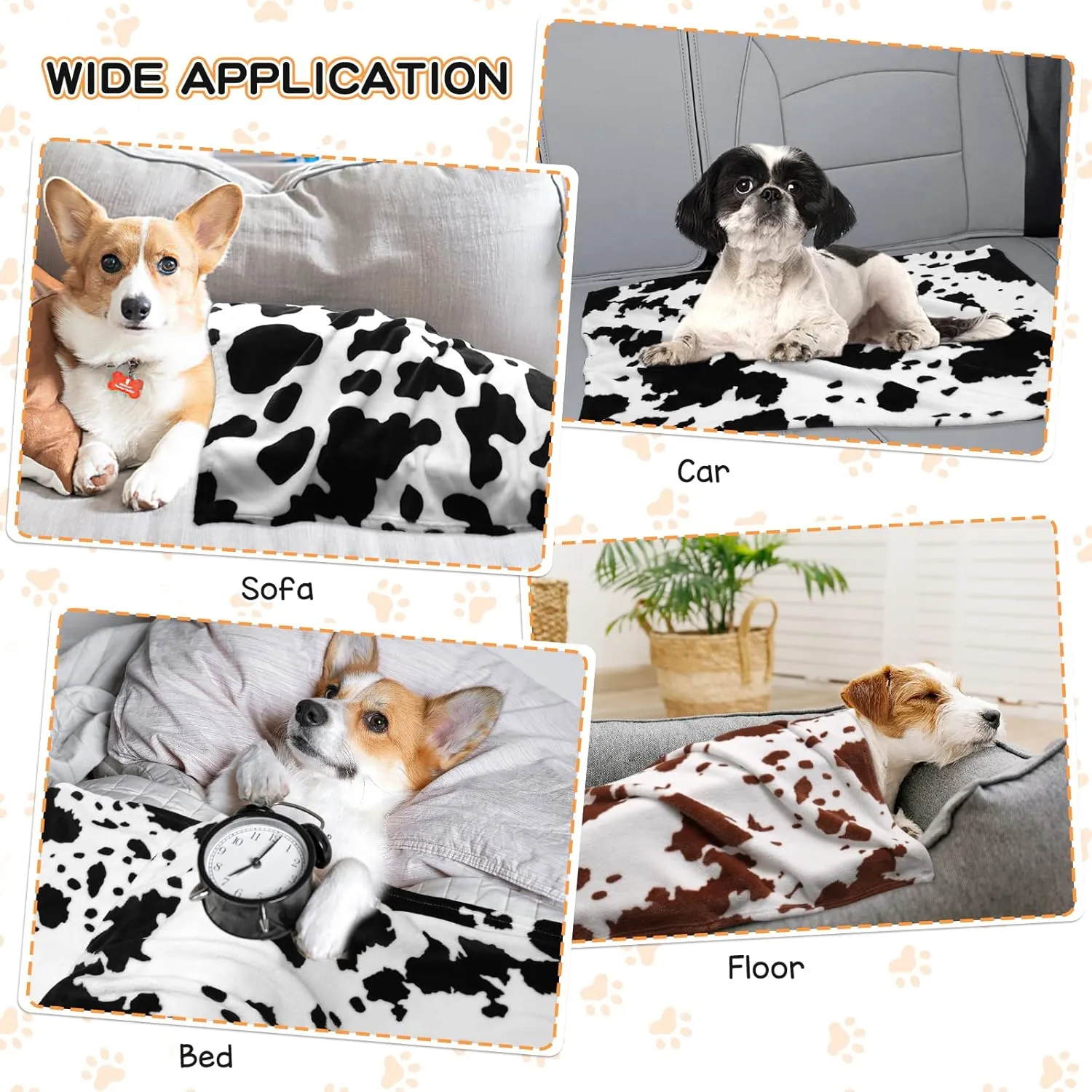 Rezutan Dog Blankets for Large Dogs, 3 Pack Soft Fuzzy Washable Flannel Cow Print Pet Mat, Reversible 42x32 inch Brown White Cow Print