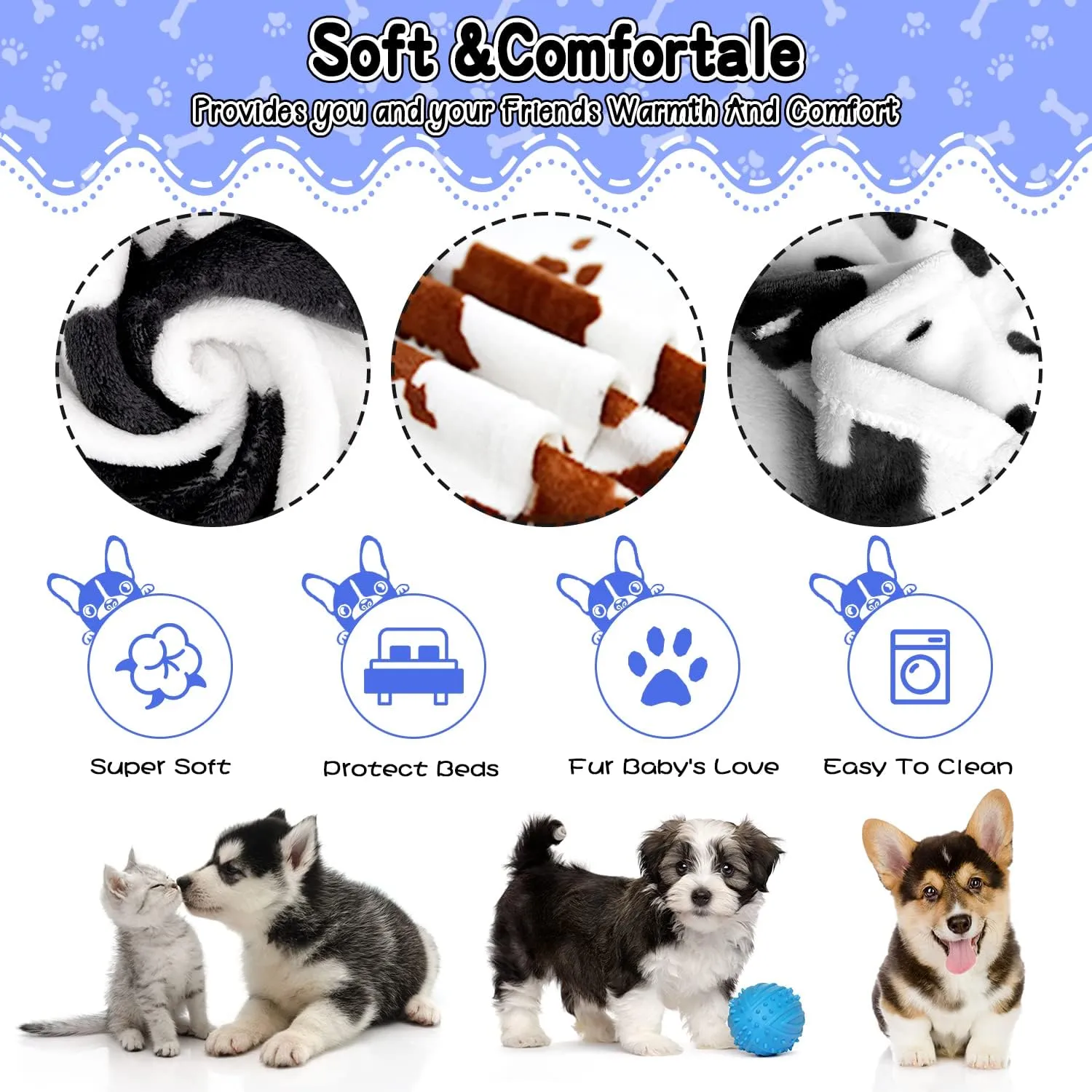 Rezutan Dog Blankets for Large Dogs, 3 Pack Soft Fuzzy Washable Flannel Cow Print Pet Mat, Reversible 42x32 inch Brown White Cow Print