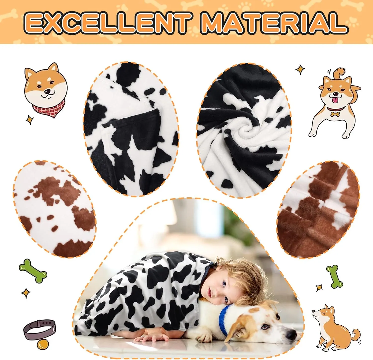 Rezutan Dog Blankets for Large Dogs, 3 Pack Soft Fuzzy Washable Flannel Cow Print Pet Mat, Reversible 42x32 inch Brown White Cow Print