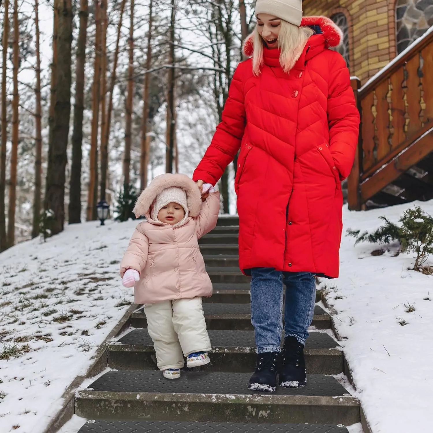 Riakrum 4 Pcs 10 x 30 Inch Heated Snow Ice Melting Mats Outdoor Winter Heated Rubber Mat Slip Proof for Stairs Steps Driveway Walkway Decks Sidewalks Connection with 9.84 ft Power Cord