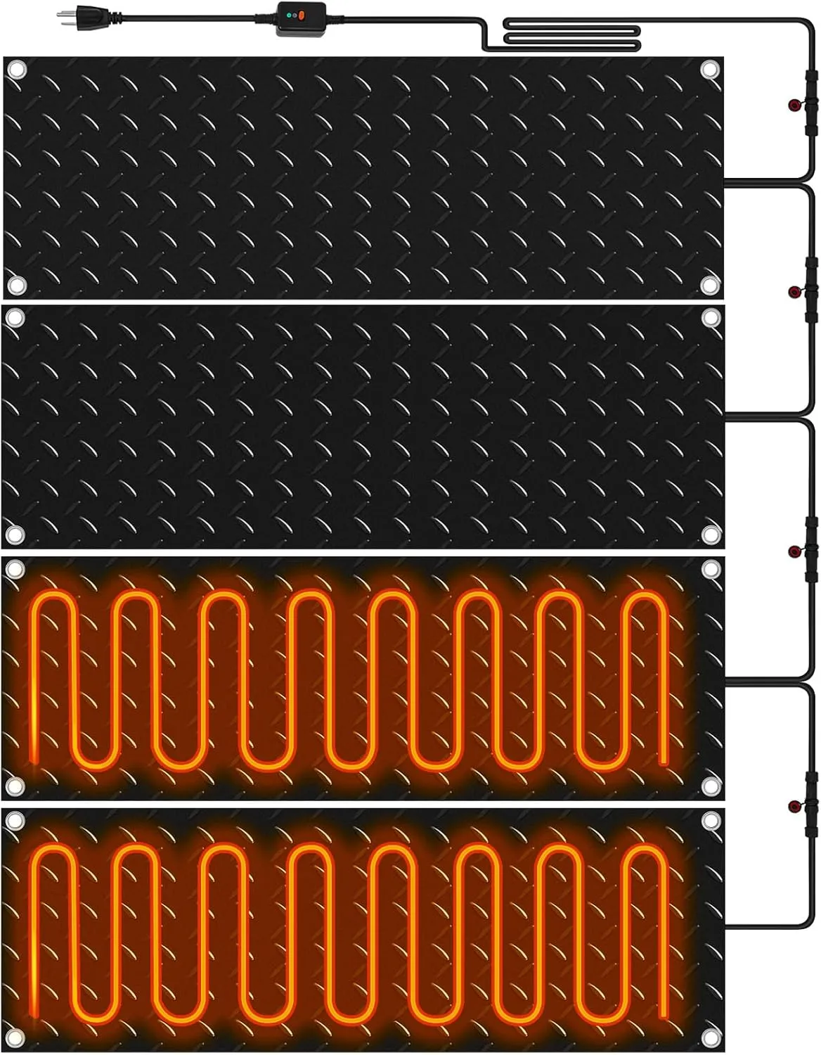Riakrum 4 Pcs 10 x 30 Inch Heated Snow Ice Melting Mats Outdoor Winter Heated Rubber Mat Slip Proof for Stairs Steps Driveway Walkway Decks Sidewalks Connection with 9.84 ft Power Cord